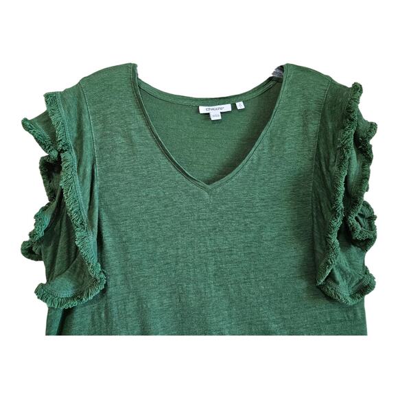CHICO'S 2 Women's L 100% Linen Top Green Fringe Short Flutter Sleeve 38" - Picture 2 of 8